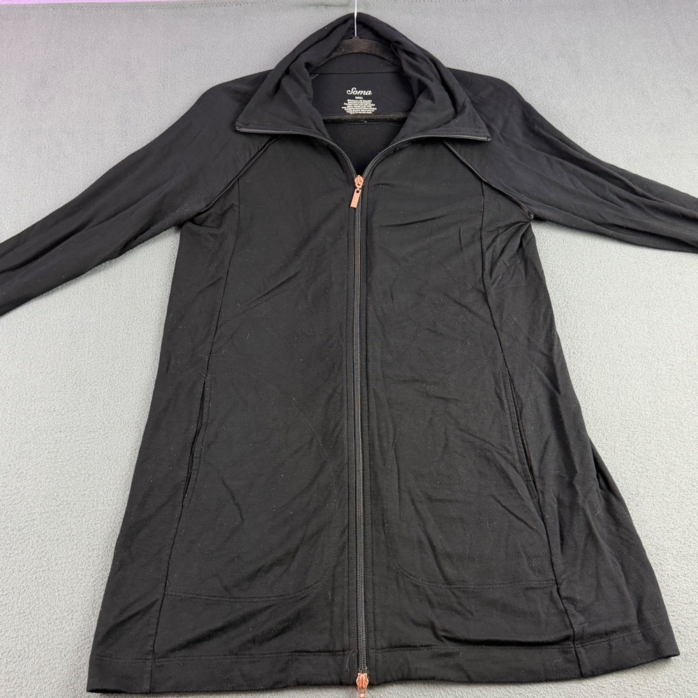 Soma Womens Small Black Full Zip Longline Jacket Rose Gold Hardware Funnel Neck